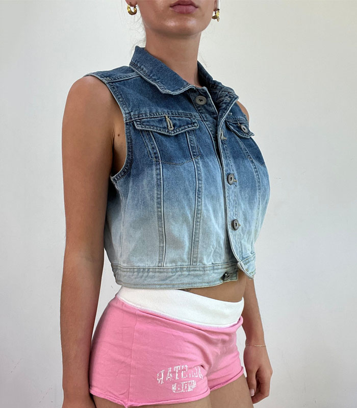 Women's Sleeveless Denim Jacket Tie Dye Ombre Washed Distressed Vintage Style Lightweight Summer Casual Boho Chic
