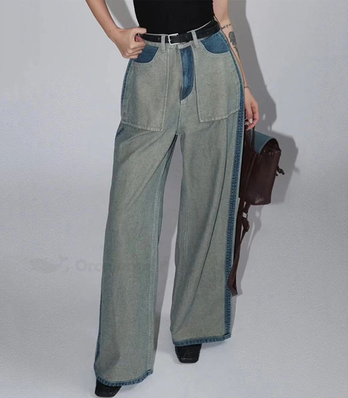 Stylish Denim Jeans with Casual Patchwork and Color Block Design