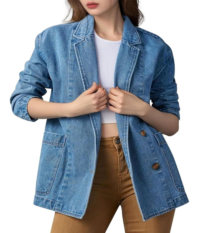 Women's Buttoned Lapel Blazer Denim Jacket Women's Classic Casual Blazer Jacket Fashion Versatile with Pockets Denim Jacket Blue 