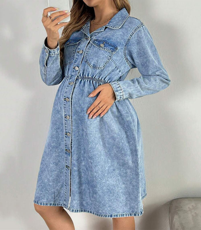 Comfy Maternity Denim Dress - Oversized Blue Washed Long Sleeve Jean Dress for Pregnant Women