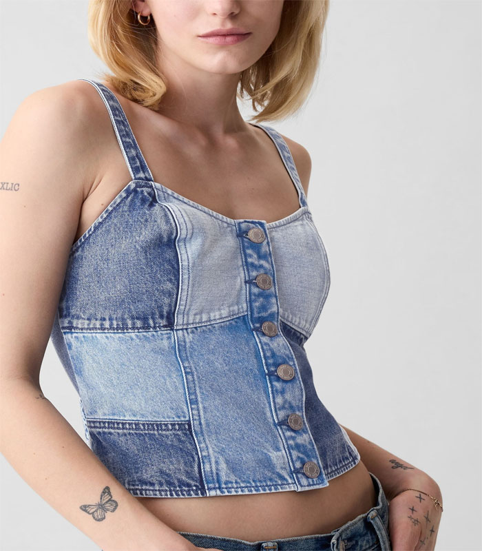 Blue Patchwork Denim Corset Top