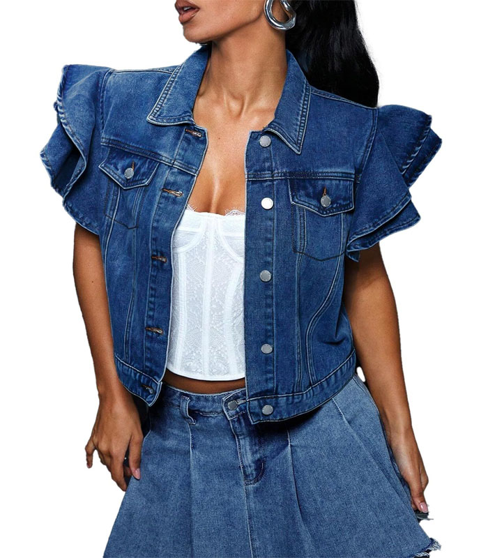 Ruffle Sleeve Cropped Denim Jacket for Women Summer Button Down Crop Jean Jacket Casual