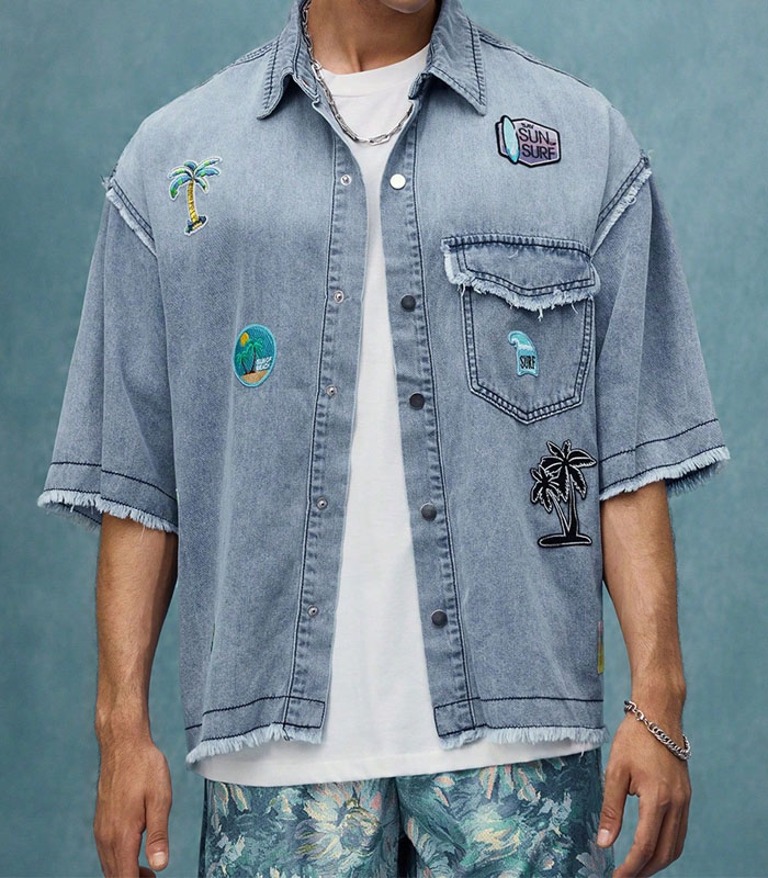 street life men's boxy fit embroidery badge denim top denim short sleeve shirt