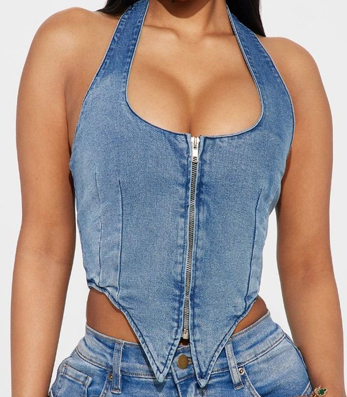 Trendy Stretch Denim Corset Top – Sexy Light Wash Blue, Front Zip Closure, Tight-Fitting Crop Bustier