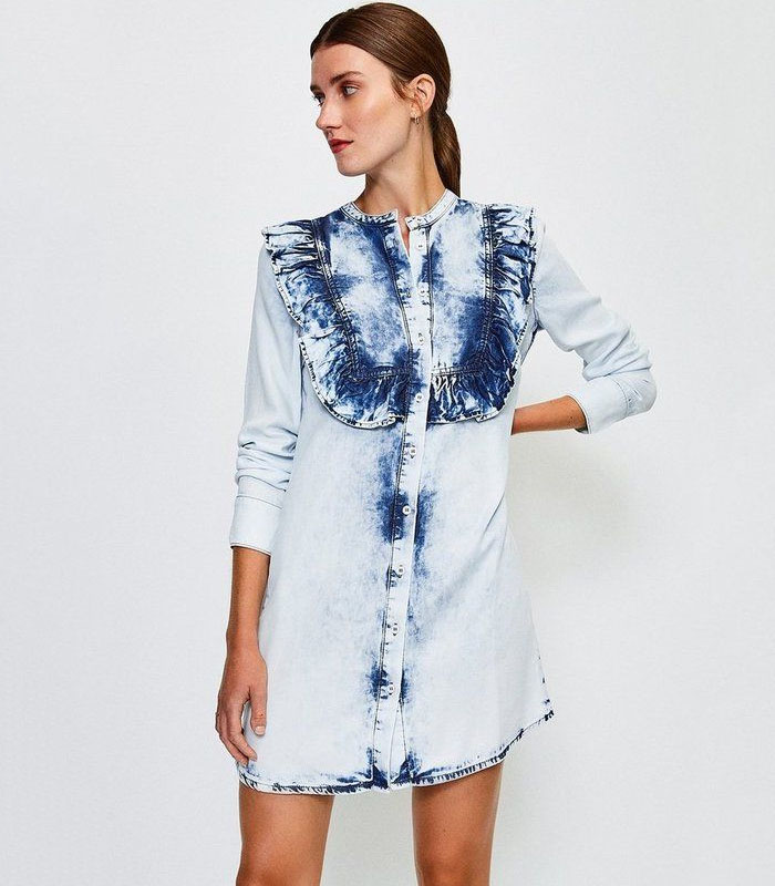 Long Sleeve Acid Wash Frill Belted Midi Dress