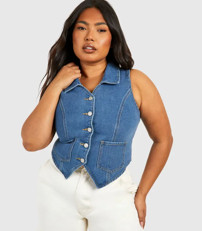 Plus Size Women's Slim Fit Denim Vest Top Stretch Comfort Casual Jacket