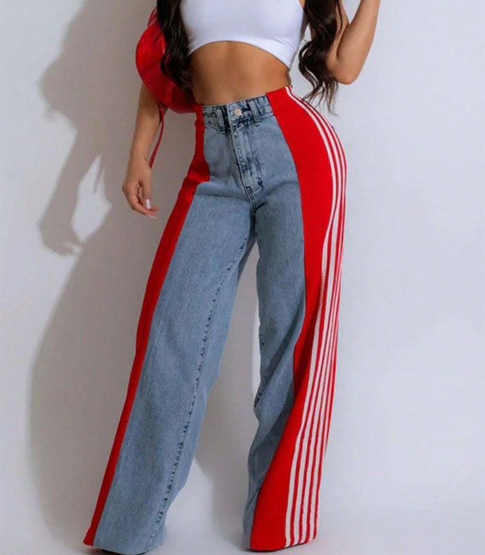 Women Summer Baggy Jeans Pants High Waist Loose Wide Leg Trousers Side Striped Denim Pants Daily Streetwear