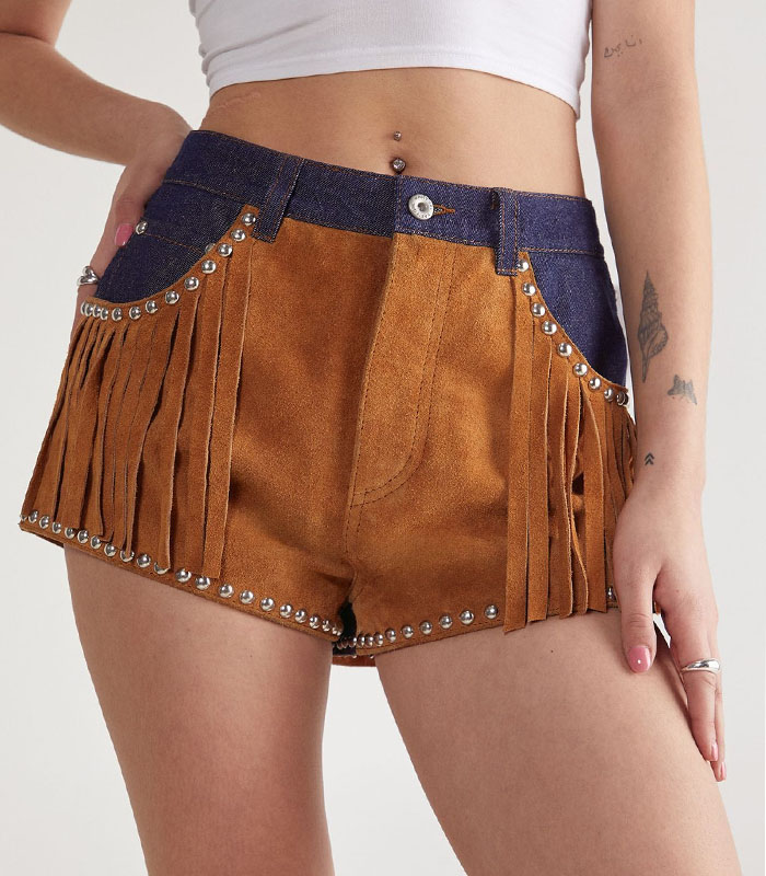 High-Waisted Denim Suede Shorts Edgy Fringe Detail Raw Hem Trim Sexy Distressed Cut-Offs