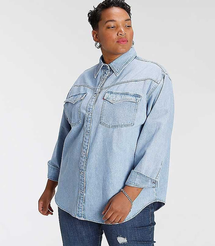 Classic Light Blue Washed Denim Shirt for Women – 100% Cotton, Big Size, Comfort Fit