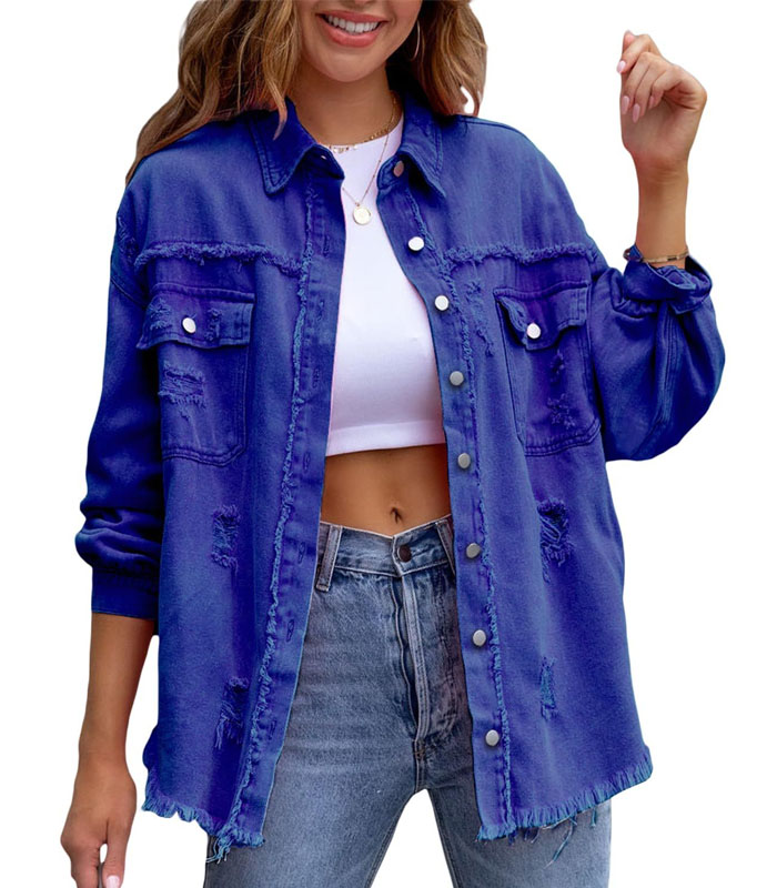Women Boyfriend Ripped Denim Jacket Oversized Distressed Trucker Light Long Sleeve Button Down Jean Coat
