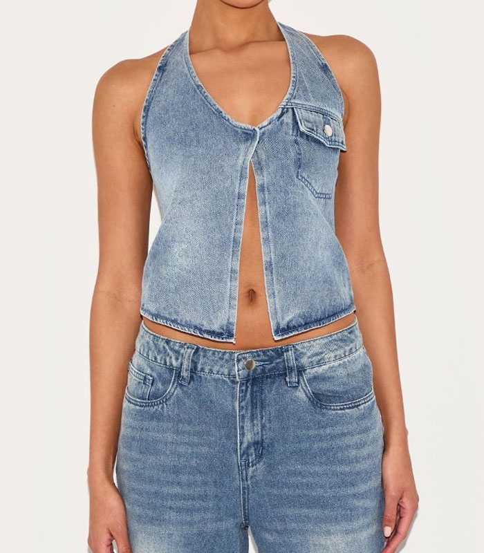 Mid Blue Halterneck Denim Waistcoat