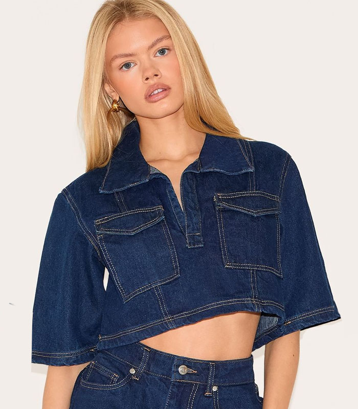 Women's Short Crop Top Denim Jacket Indigo Blue High-Waist Patch Pocket Stylish Streetwear