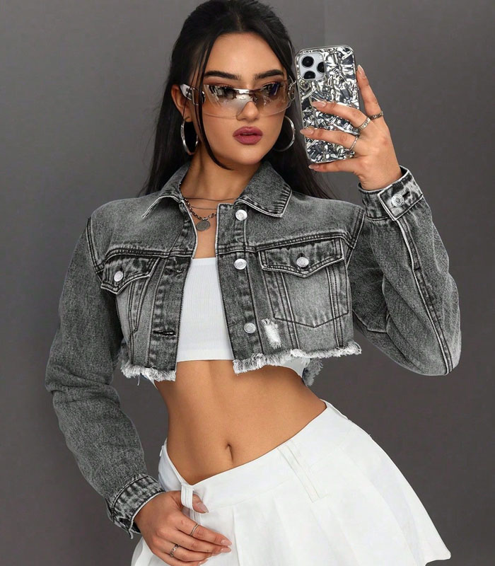 Vintage Washed Gray Cropped Denim Jacket Distressed Oversized Street Style Coat for Women