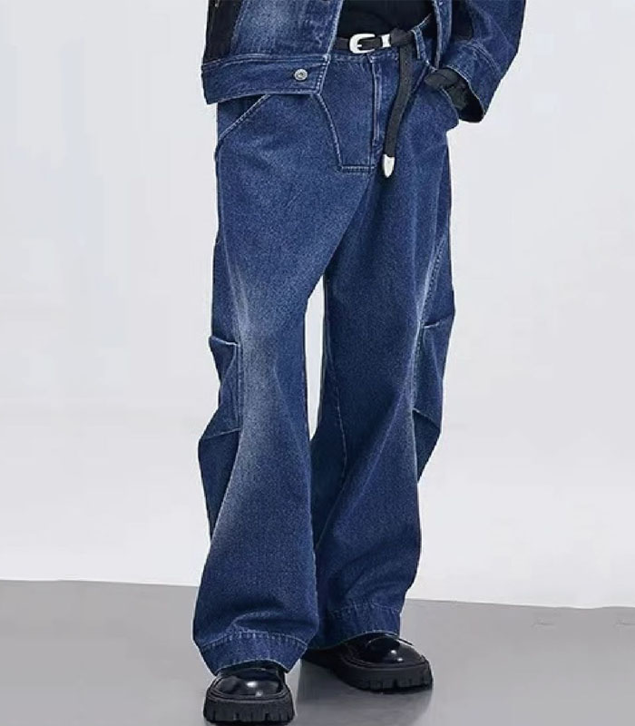 Men's Casual Loose Fit Wide Leg Jeans with Stylish Pleat Design Trendy Comfortable Denim Pants