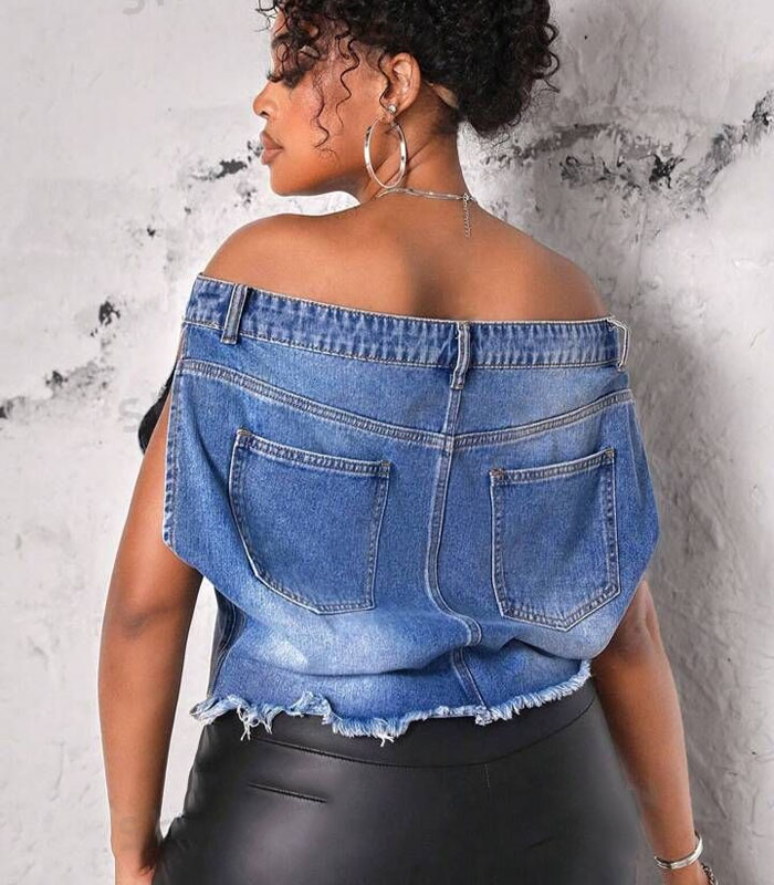 Oversized Denim Shirt Off-Shoulder Top Trendy Washed Pure Color Casual Chic