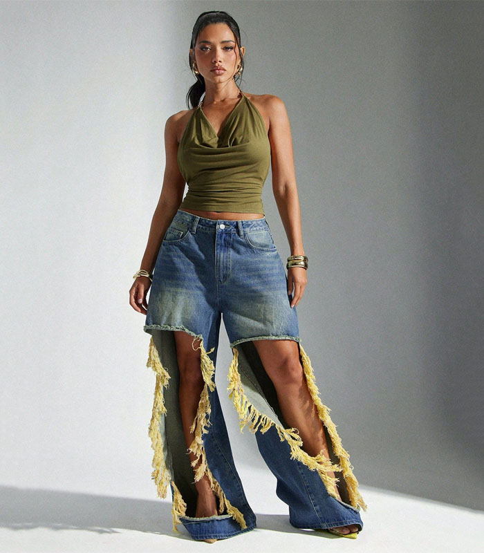 Women's Pocket Detail Distressed Frayed Wide Leg Loose Fit Jeans