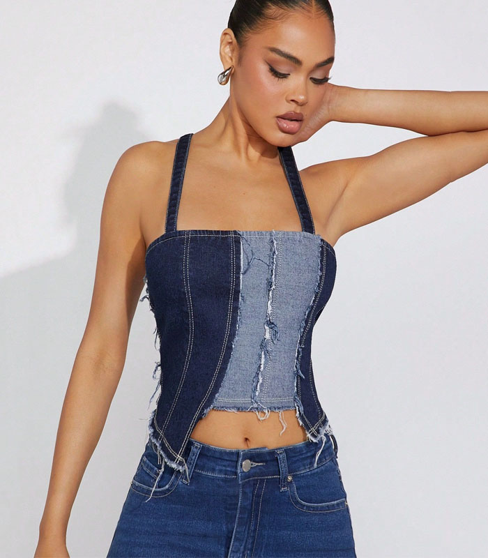 Asymmetric Colorblock Crop Denim Top