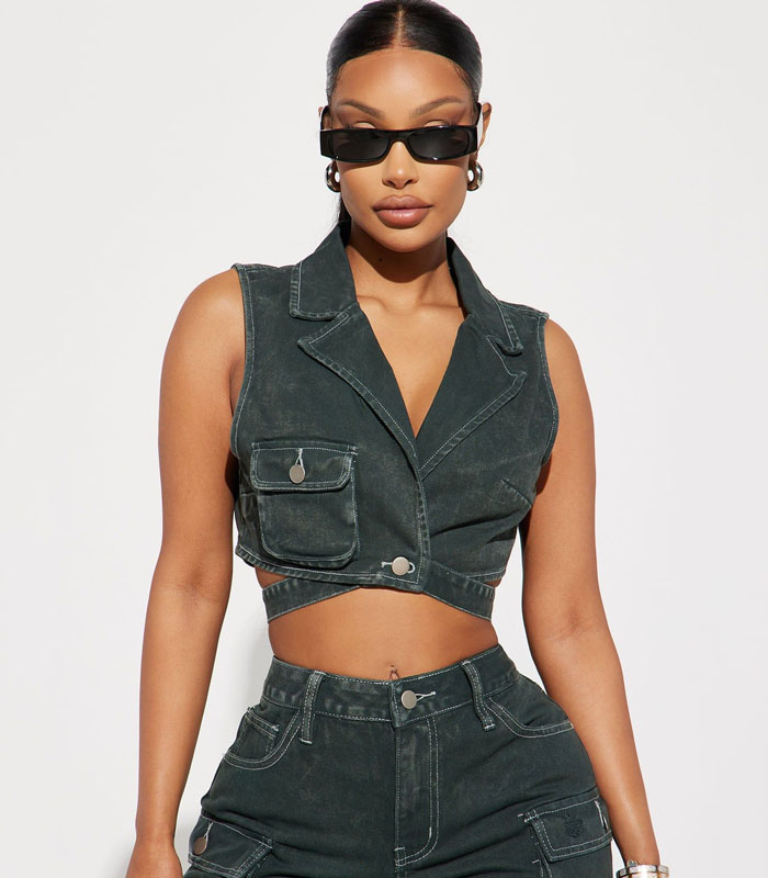 Ankle Tie Cargo Cropped Denim Vest Non Stretch Collar Cargo Pocket Front Button Closure