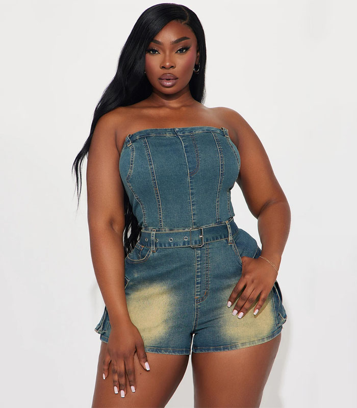 Boat Neck Strapless Belted Pockets Denim Casual Playsuit Romper-Blue