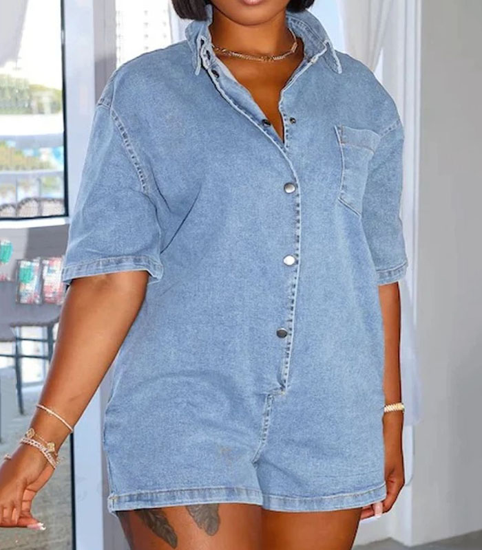 Urban Chic Rompers with Turndown Collar Solid Design and Convenient Pocket 
