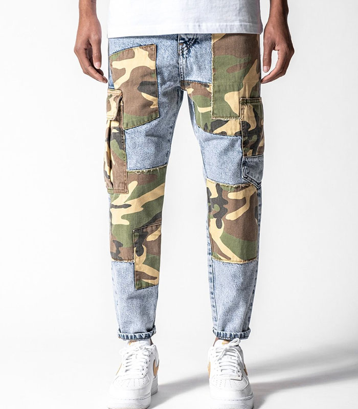 Men's Blue Camo Jeans Casual Fit Denim Cargo Pockets Free Fast Shipping