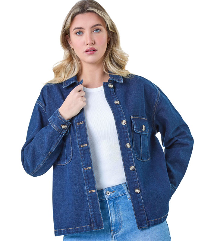 Classic Deep Blue Washed Denim Jacket Elegant Horn Button Design Casual Relaxed Fit