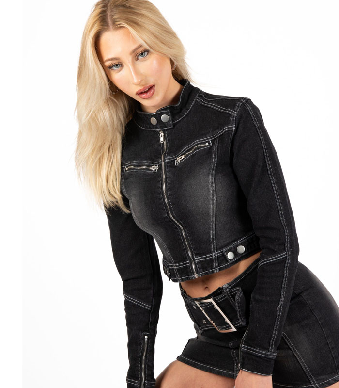 Washed Black Contrast Stitch Buckle Detail Denim Jacket