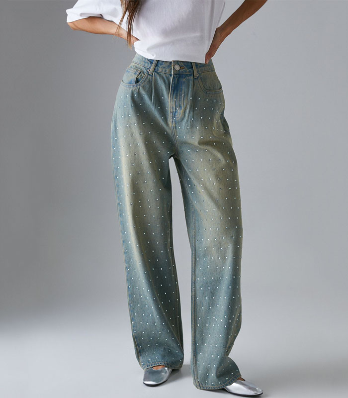 Classic five-pocket design Hotfix Embellished Denim Boyfriend Jean