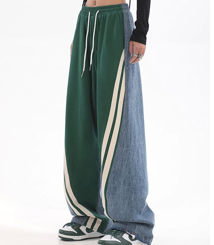 Women Contrast Color Drawstring Tie Up High Street Straight Cylinder Trousers