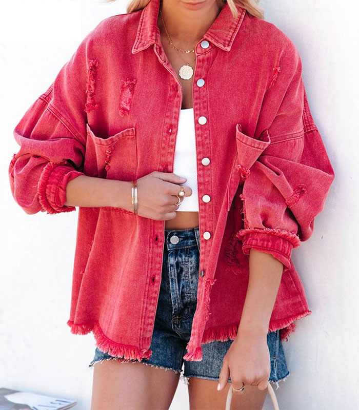 Single Breasted Demin Jackets Lepal Collar Ripped Jean Coats Women Casual Street