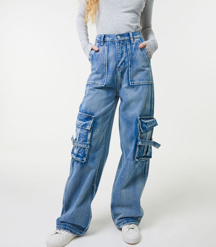 Women's Medium Blue Washed Mid-Rise Utility Straight Jeans Casual Workwear Denim Pants