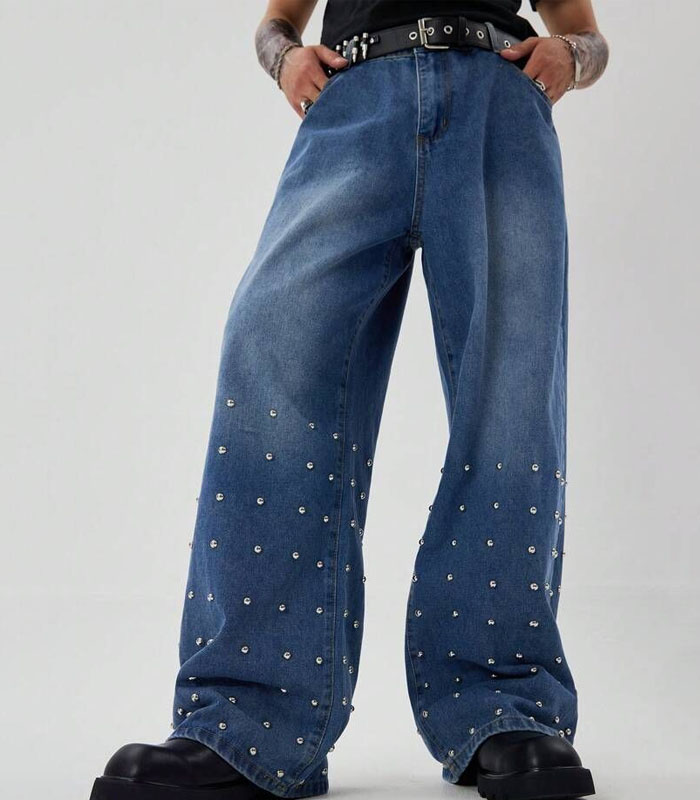 Men's Wide-Leg Jeans with Hand-Stitched Pearls – Vintage Blue Washed Denim Trousers