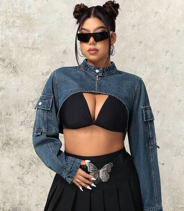 Plus Size Spring_Summer Stand Collar Short Front Long Back Short Cut Workwear Denim Jacket Blue Casual Long Sleeve Denim Plain Other Non-Stretch Women Plus Clothing