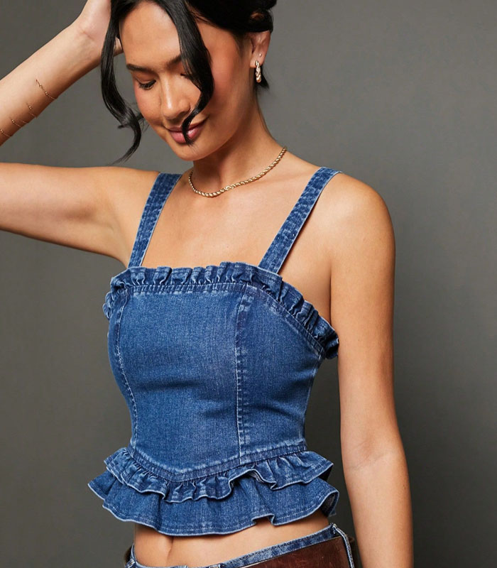 Premium Cotton Denim Ruffle Top Medium Wash Casual Sleeveless Denim Plain Top Slight Stretch