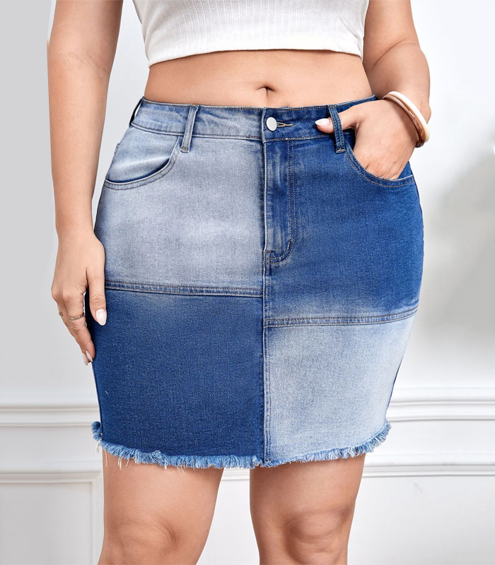 Women's High-Stretch Distressed Hem Denim Mini Skirt monkey washed Design, Raw Edge Detail, Slim Fit