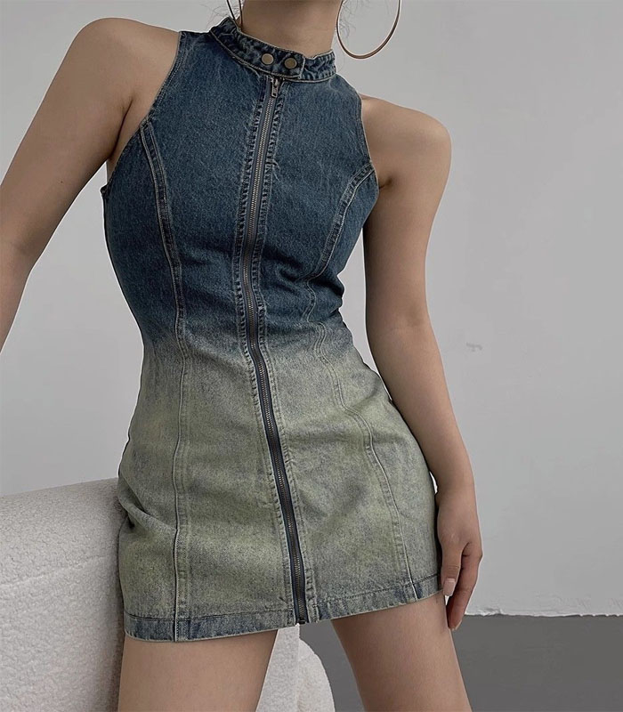 Sexy Women Vintage Zipper Denim Dress Turtleneck Sleeveless Dress Party Celebrity Bodycon