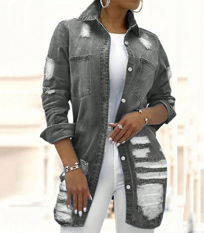 Women's Casual Mid-Length Distressed Ripped Washed Denim Jacket