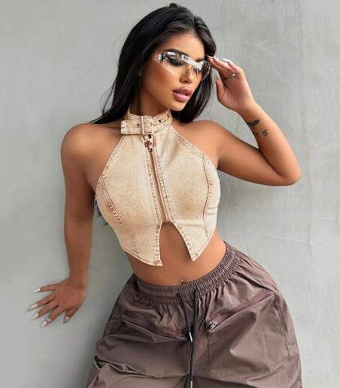 Women's Backless Halter Denim Shirt in Khaki Sexy Casual Boho Cowgirl Tops
