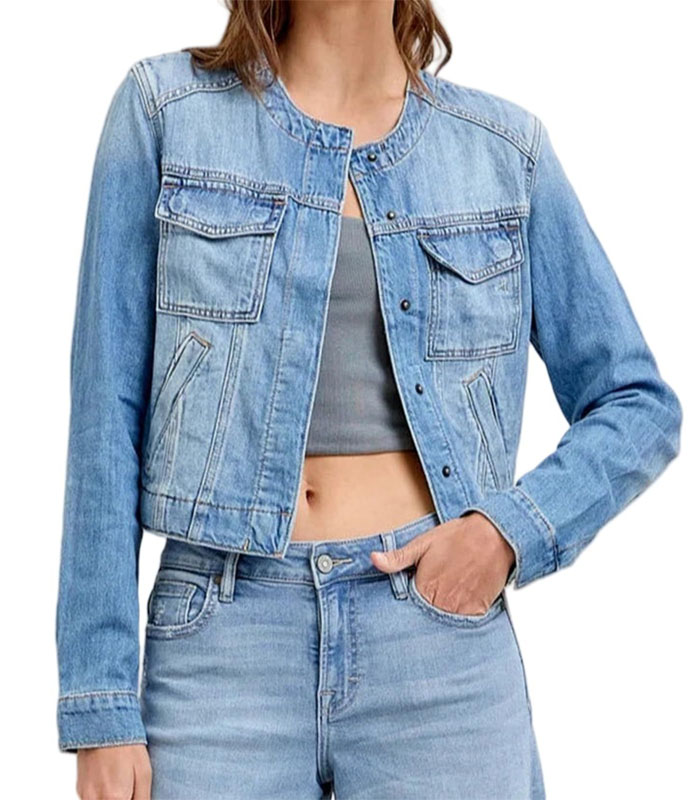 Women’s Denim Jacket Long Sleeve Button Down Outerwear Chest Pockets Casual Lightweight Jean Shacket