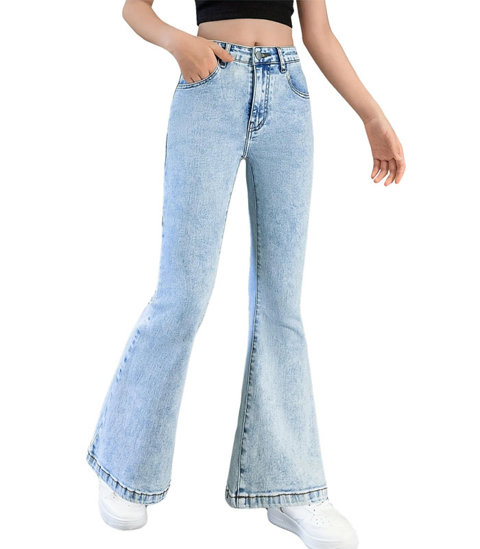 Women's Light Wash Stretch Skinny Flare Pants High Waist Retro Denim Trousers