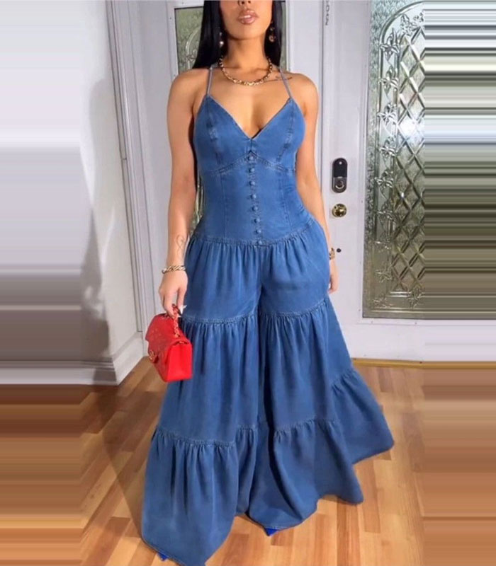Women V-neck Strap Sleeveless Wide Leg Jumpsuit Summer Sweet Playsuit Party