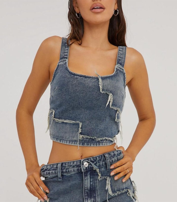 Sexy Frayed Hem Stretch Denim Corset Top for Women Retro Fashion