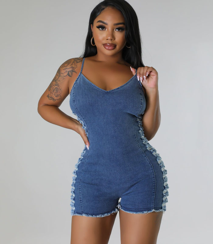 Distressed Denim Jumpsuit Shorts Vintage Washed High Waist Bodysuit with Adjustable Straps