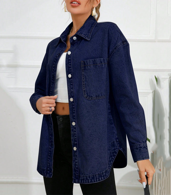 Women's Solid Color Simple Long Sleeve Denim jacket Shirt