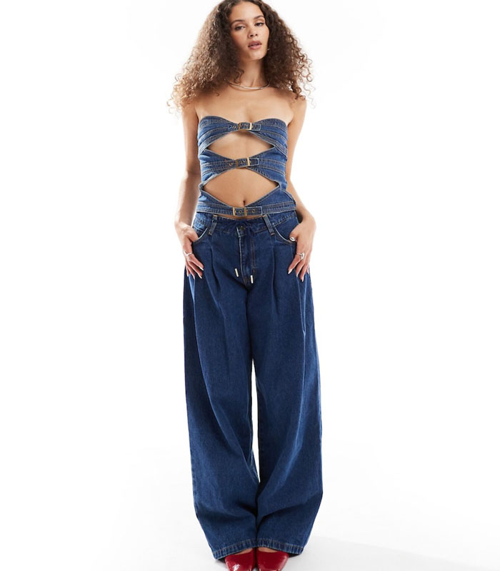 Lioness denim bandeau cut out corset top and baggy jeans co-ord in dark blue