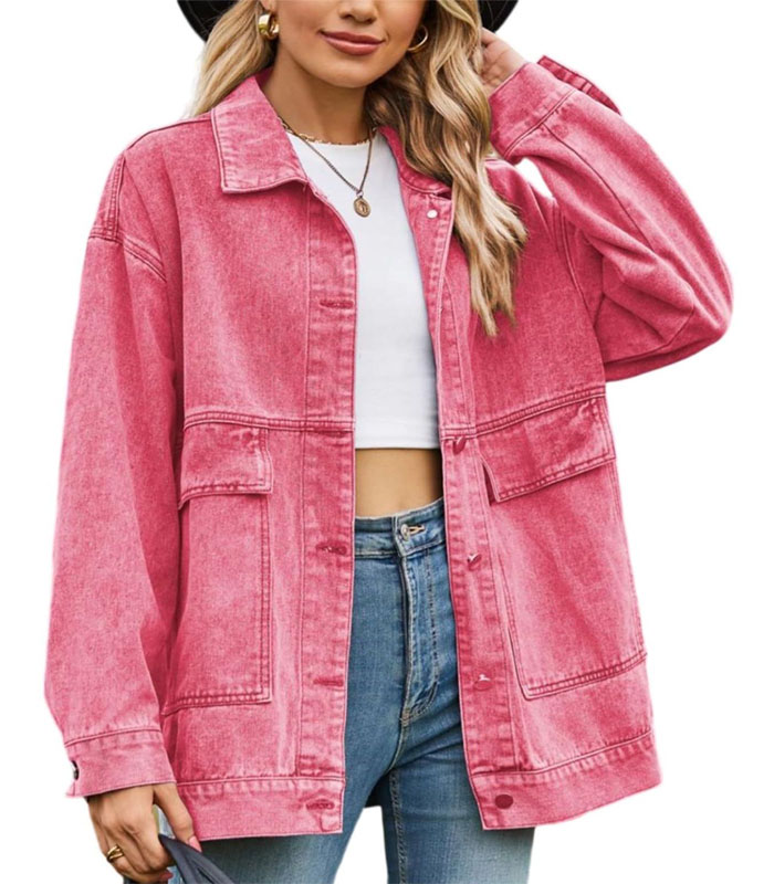 Women's Oversized Pink Denim Jacket with Big Pockets - Long Sleeve Loose Fit Casual Coat