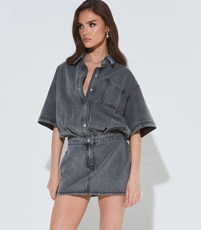 Chic Soft Grey Denim Jumpsuit Dress Relaxed Fit Short Sleeve Overalls for Women