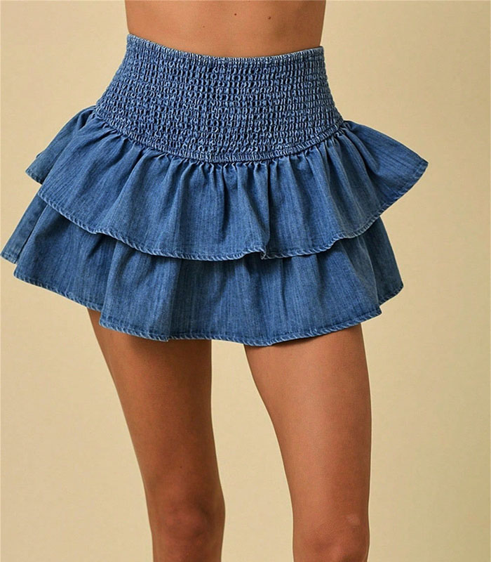 Women's Tiered Ruffled Denim Skirt Solid Color High Rise Mini A Line Jean Skirt Streetwear