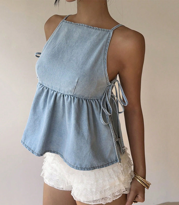 Women Solid Color Tie Front Ruffle Hem Casual Sleeveless Denim Blouse Top