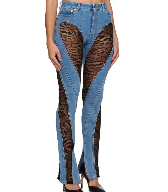 Sexy Lace Detailing Skinny Jeans for Women Stretch Comfort 5-Pocket Slim Fit, Classic Blue Denim